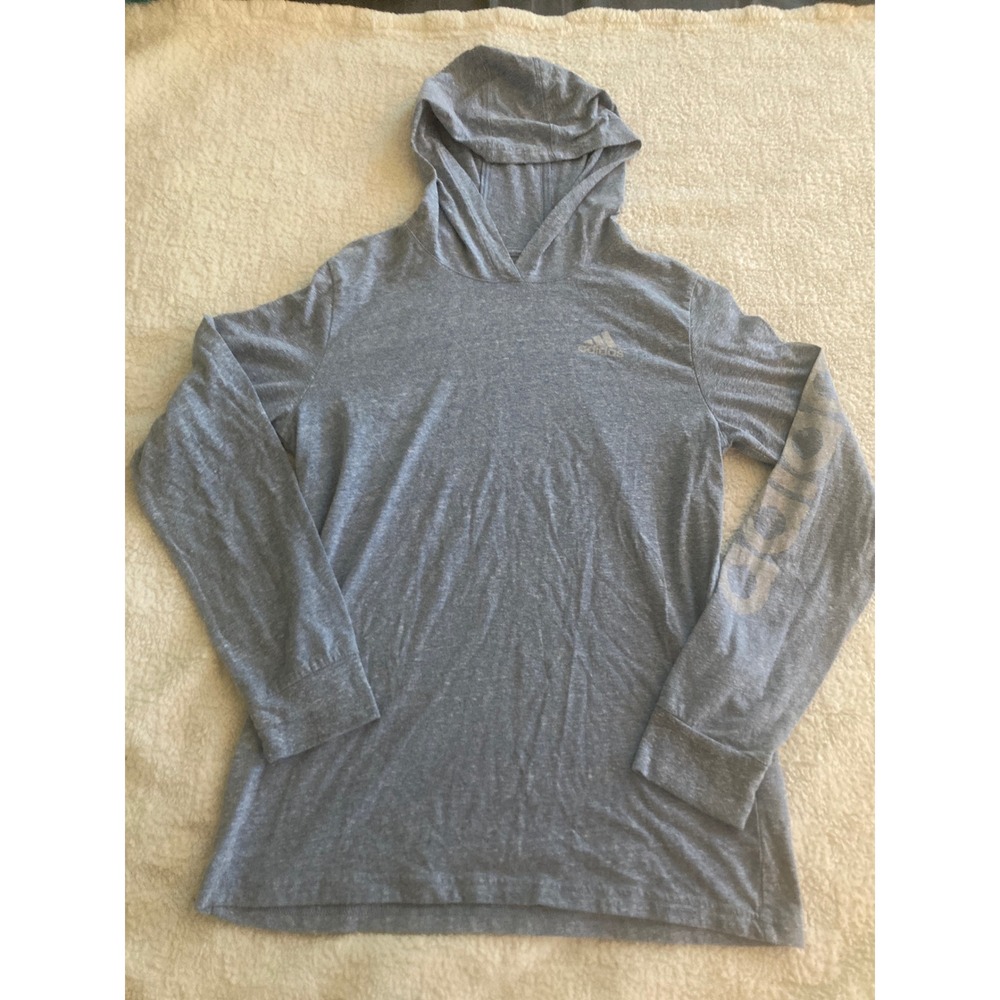 Adidas Boys Blue Heathered Long Sleeve Hooded Graphic Tee Shirt Size L Large